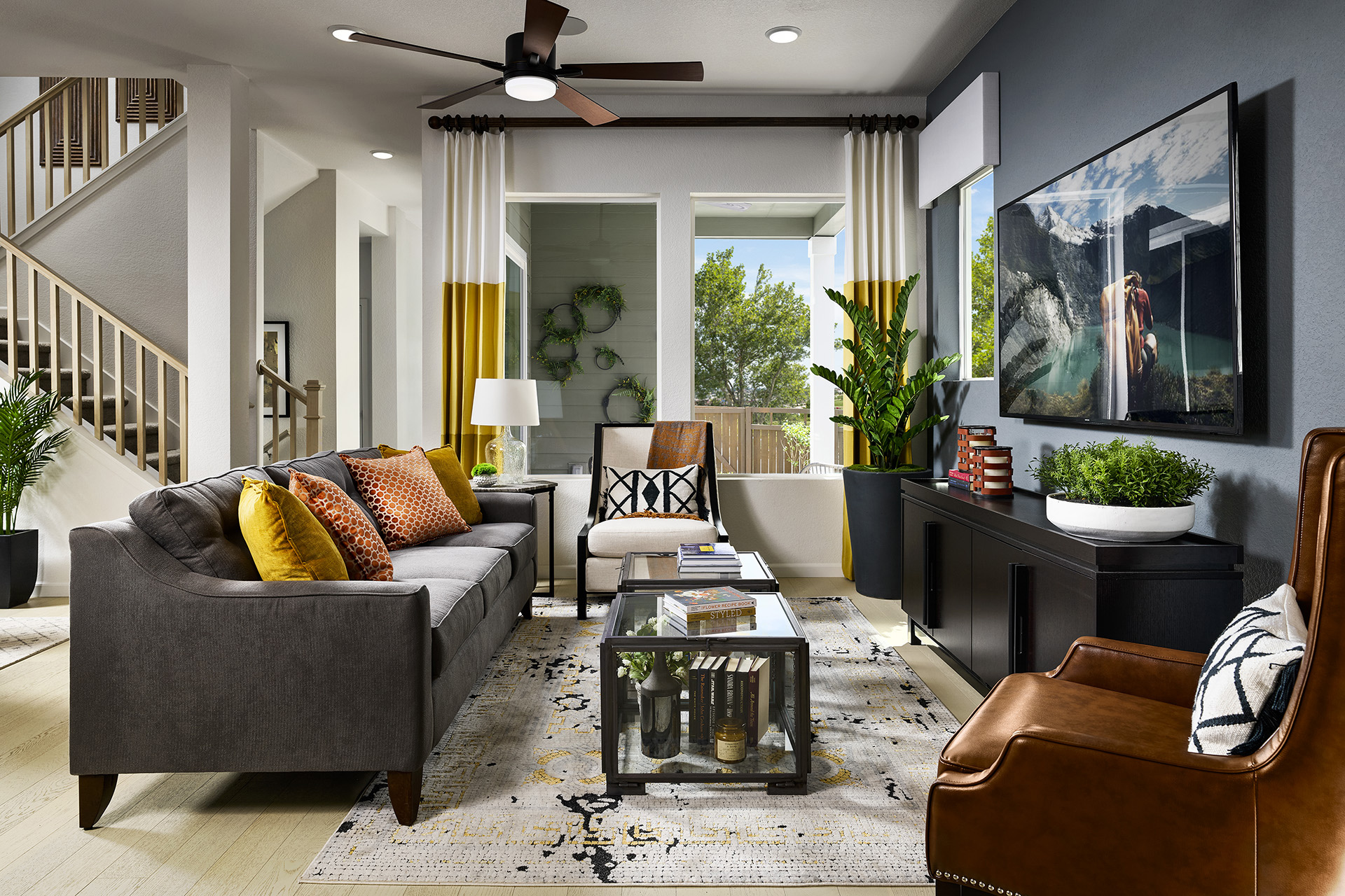 Modern living room with sofa and large window